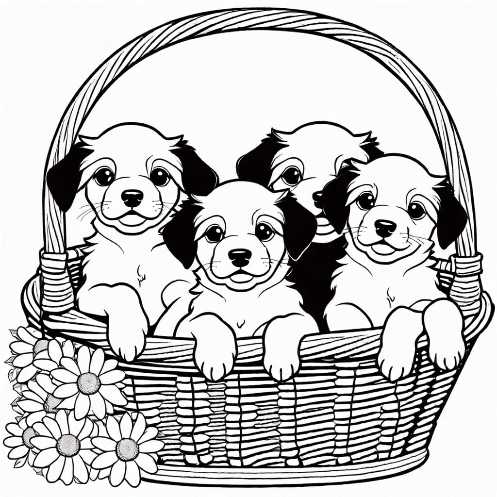 puppies in a basket surrounded by flowers