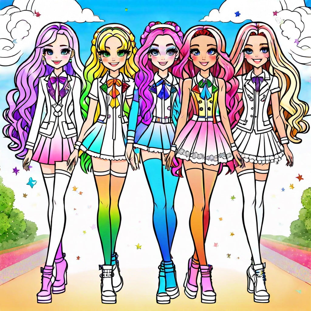 rainbow high fashion show characters in dazzling runway outfits with rainbow trails