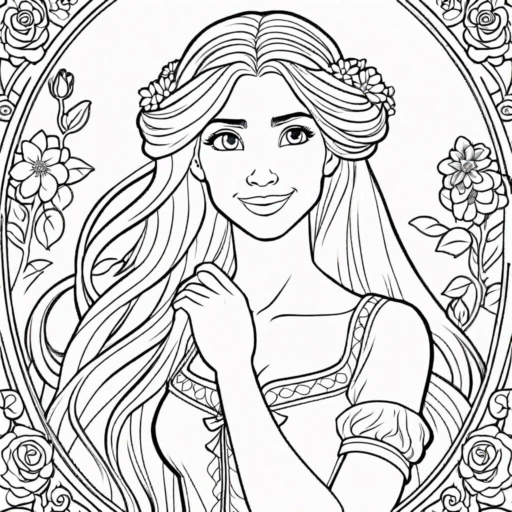 rapunzel with her long hair braided surrounded by flowers