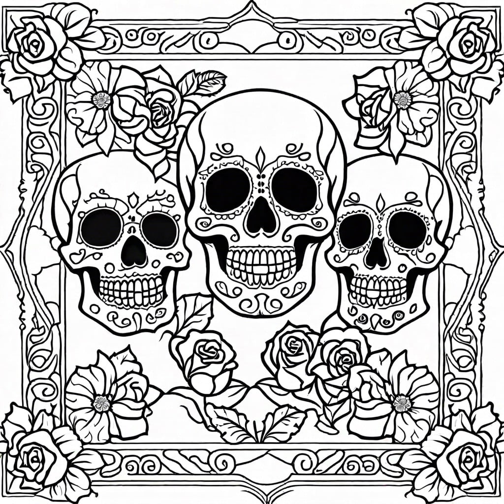 skulls adorned with marigolds and roses