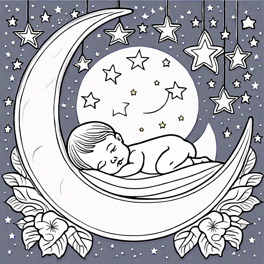 sleeping baby in a whimsical moon cradle