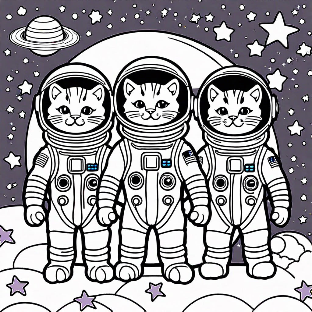 space kittens kittens wearing astronaut suits with stars and planets