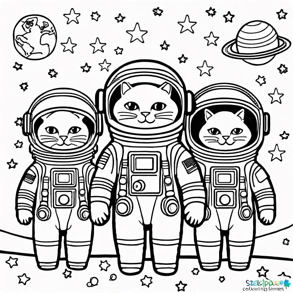 space themed cats coloring page cats in astronaut gear floating among stars and planets