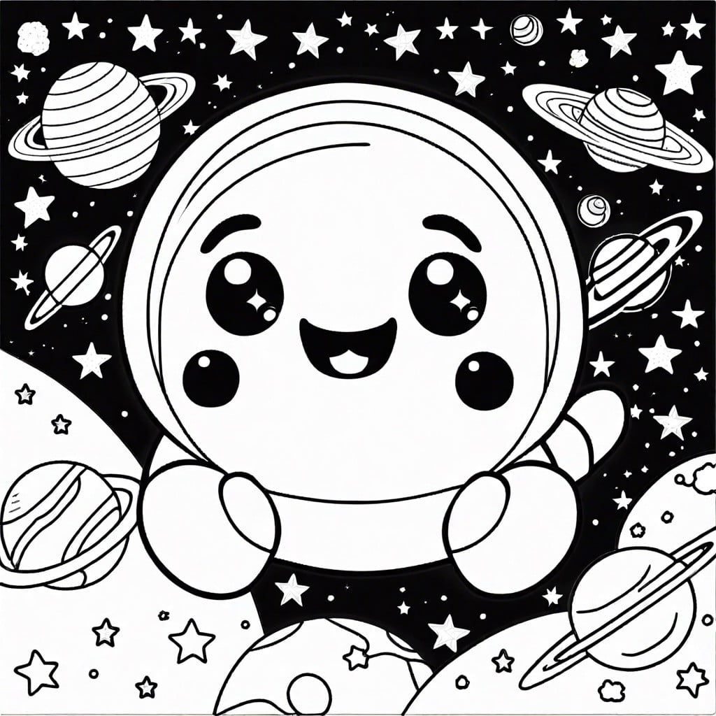 space themed squishmallow coloring page with planets and stars