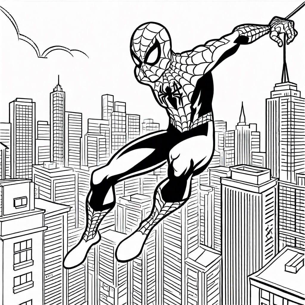 spider man swinging through the city skyline with a web pattern in the background