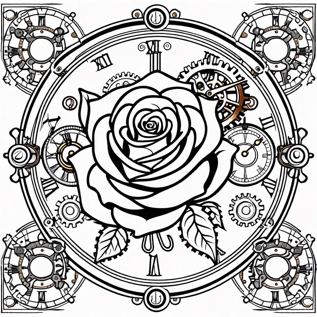 steampunk rose page – featuring mechanical gears and steampunk aesthetics around the petals