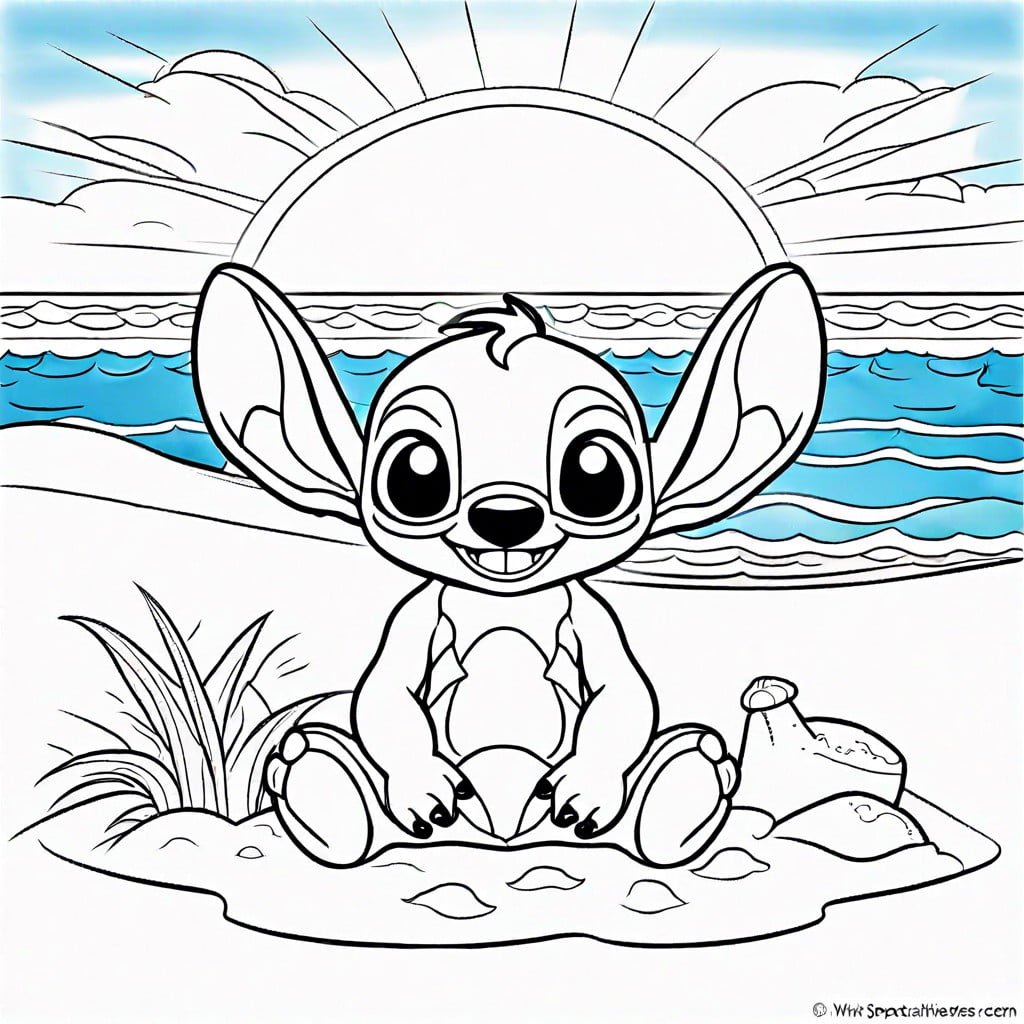 stitch at the beach building a sandcastle with waves and sunbeams to color