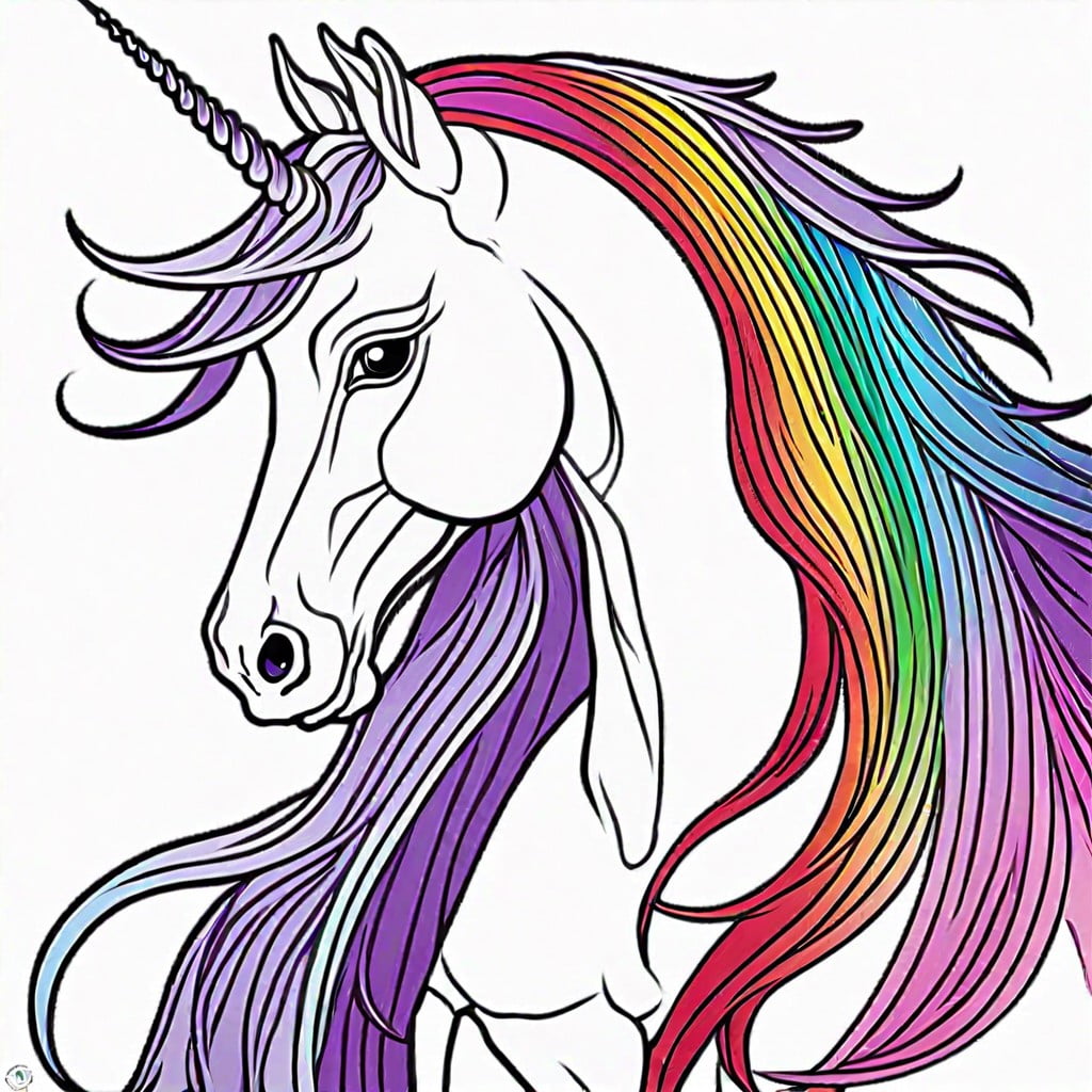 unicorn with a flowing rainbow mane and tail