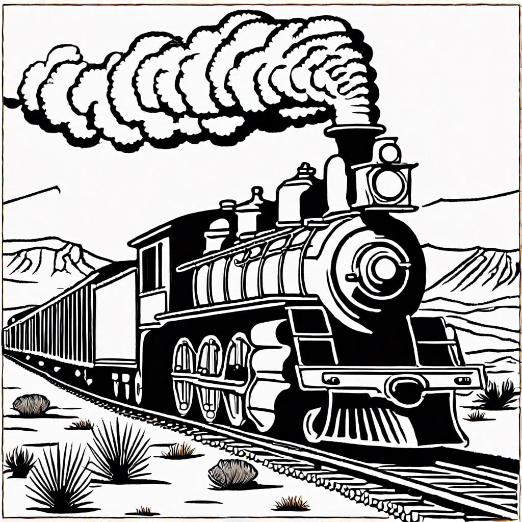 vintage steam locomotive chugging through a wild west landscape