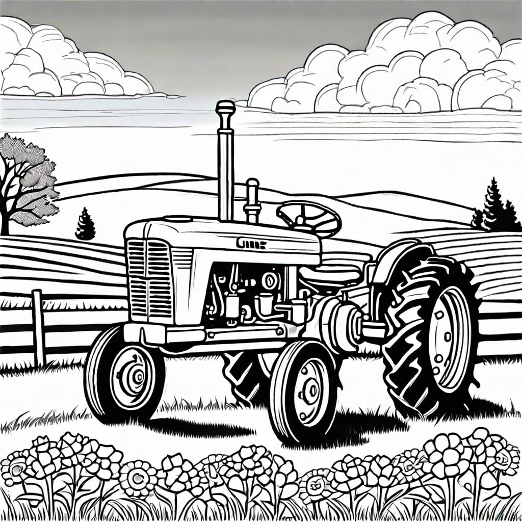 vintage tractor in a farm landscape