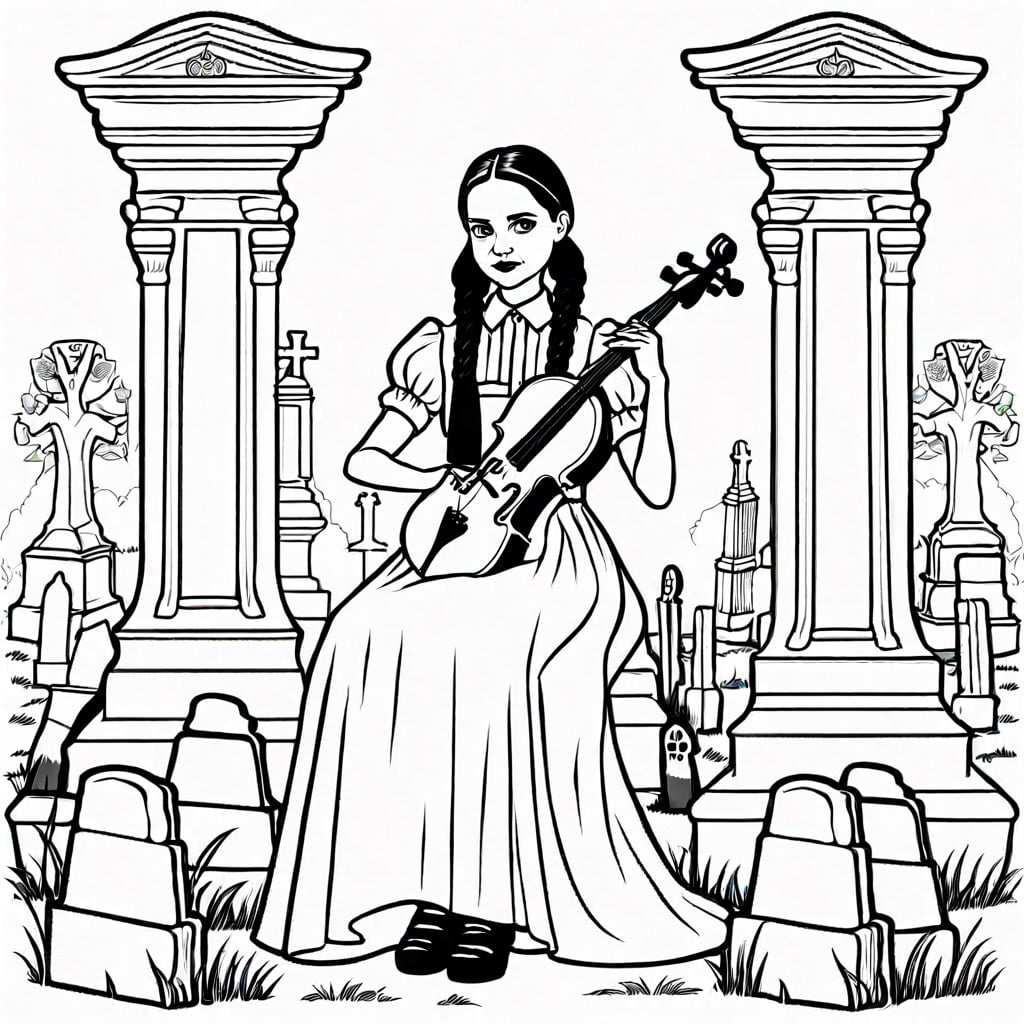 wednesday addams playing the cello amidst gravestones