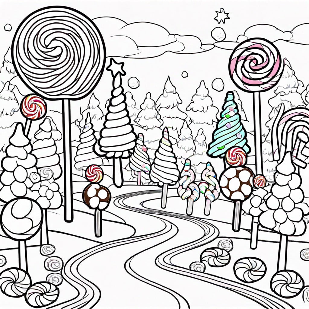 whimsical candy wonderland featuring lollipops trees and gumdrop paths