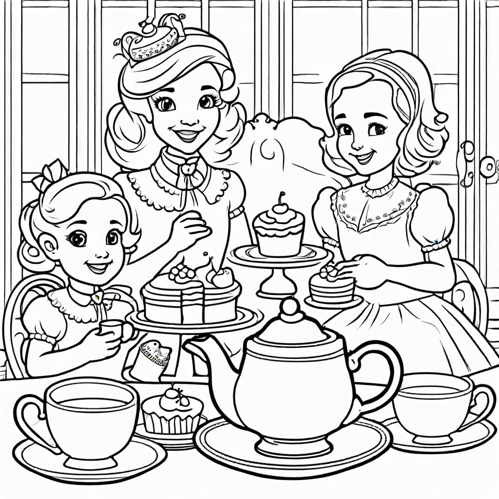 a coloring page featuring a and z having a tea party
