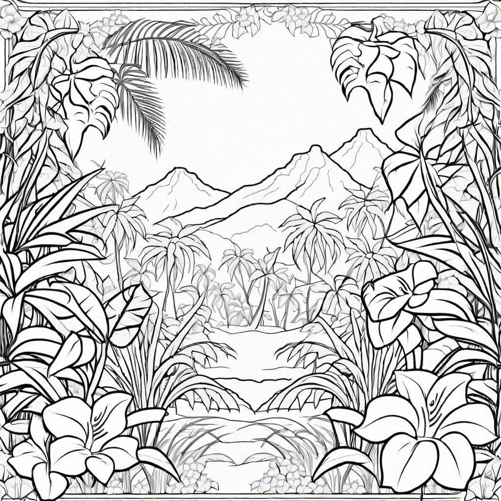 a dense jungle landscape with vines and exotic flowers