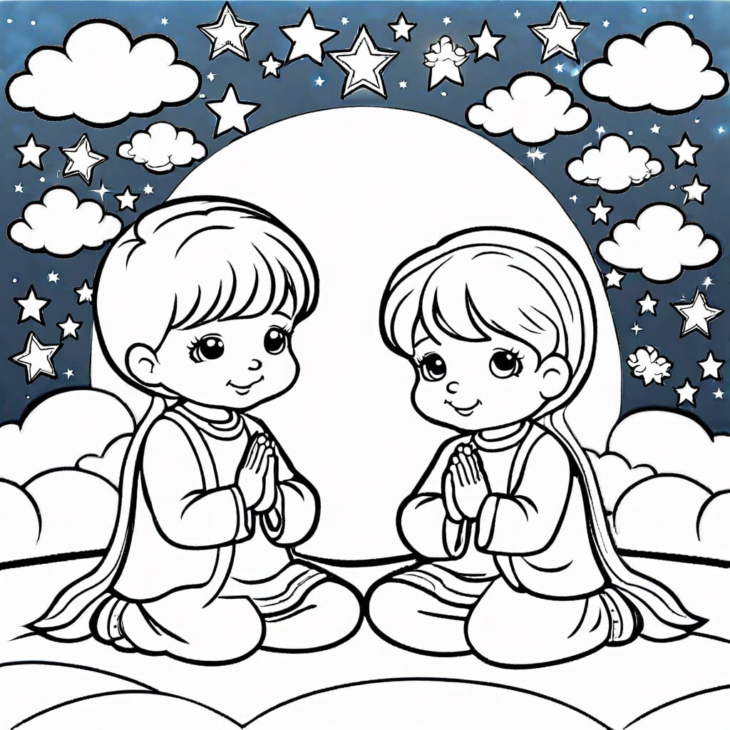 angelic children praying under a starlit sky