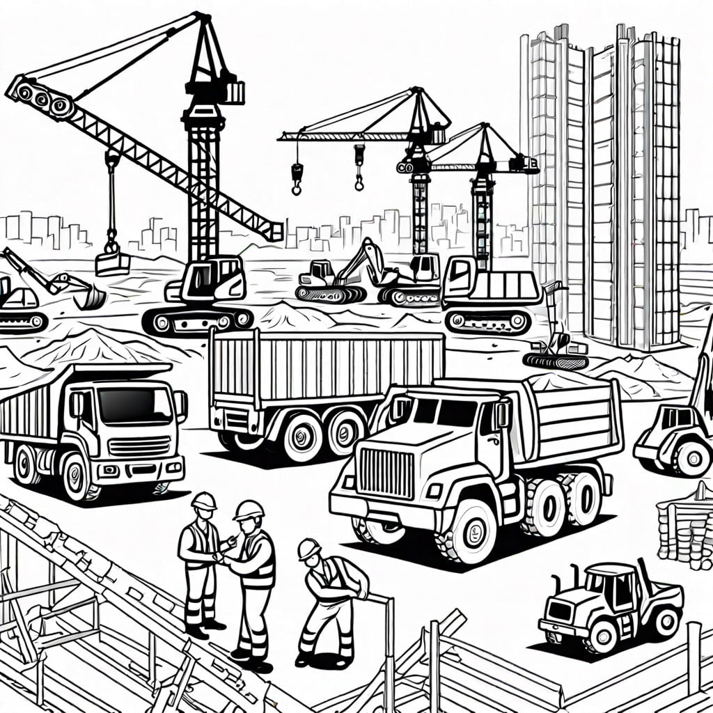 busy construction site with cranes and trucks