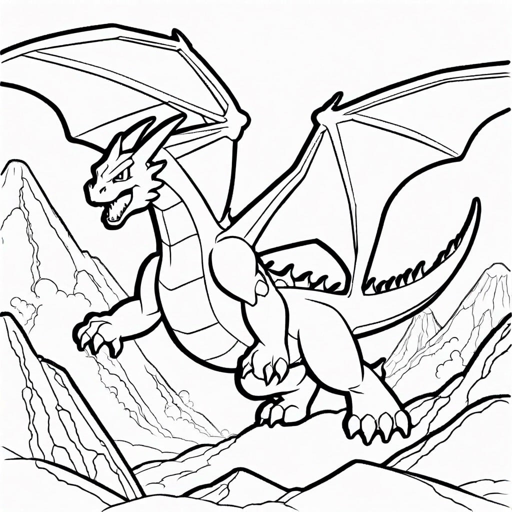 charizard flying over a volcanic landscape