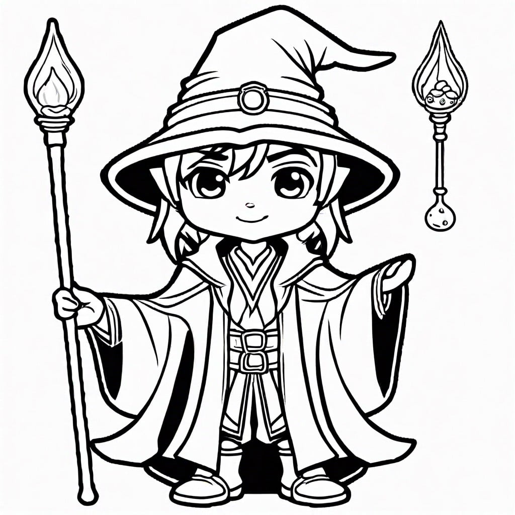 chibi wizard with a magical staff and potion bottles