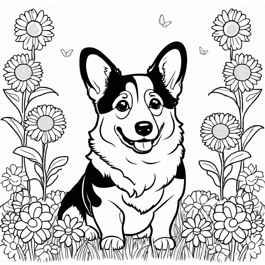 corgi in a flower field