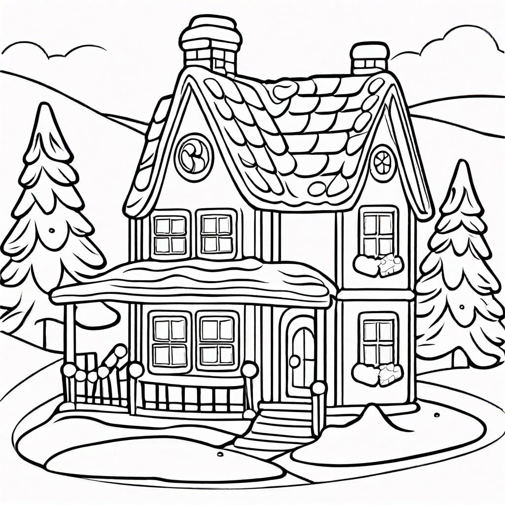 gingerbread house in a snowy village scene