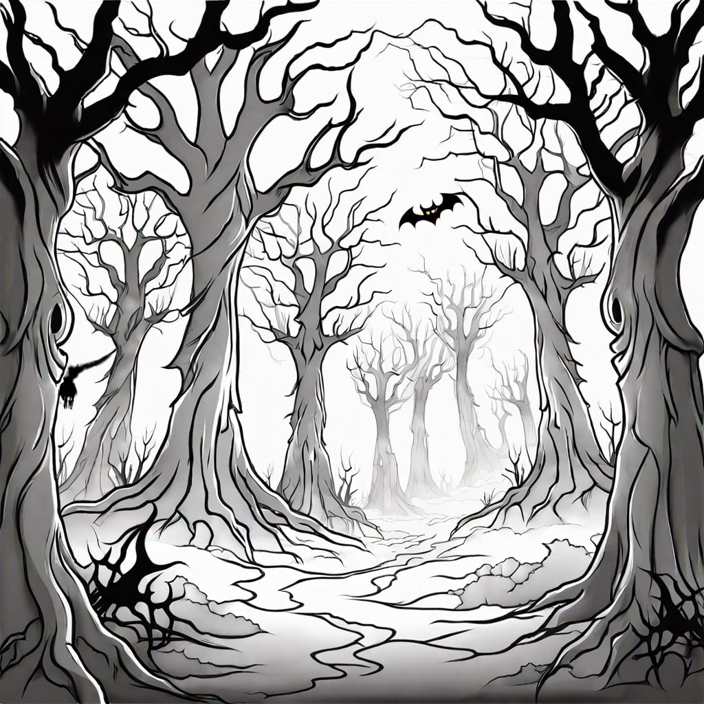 haunted forest with ghostly shadows