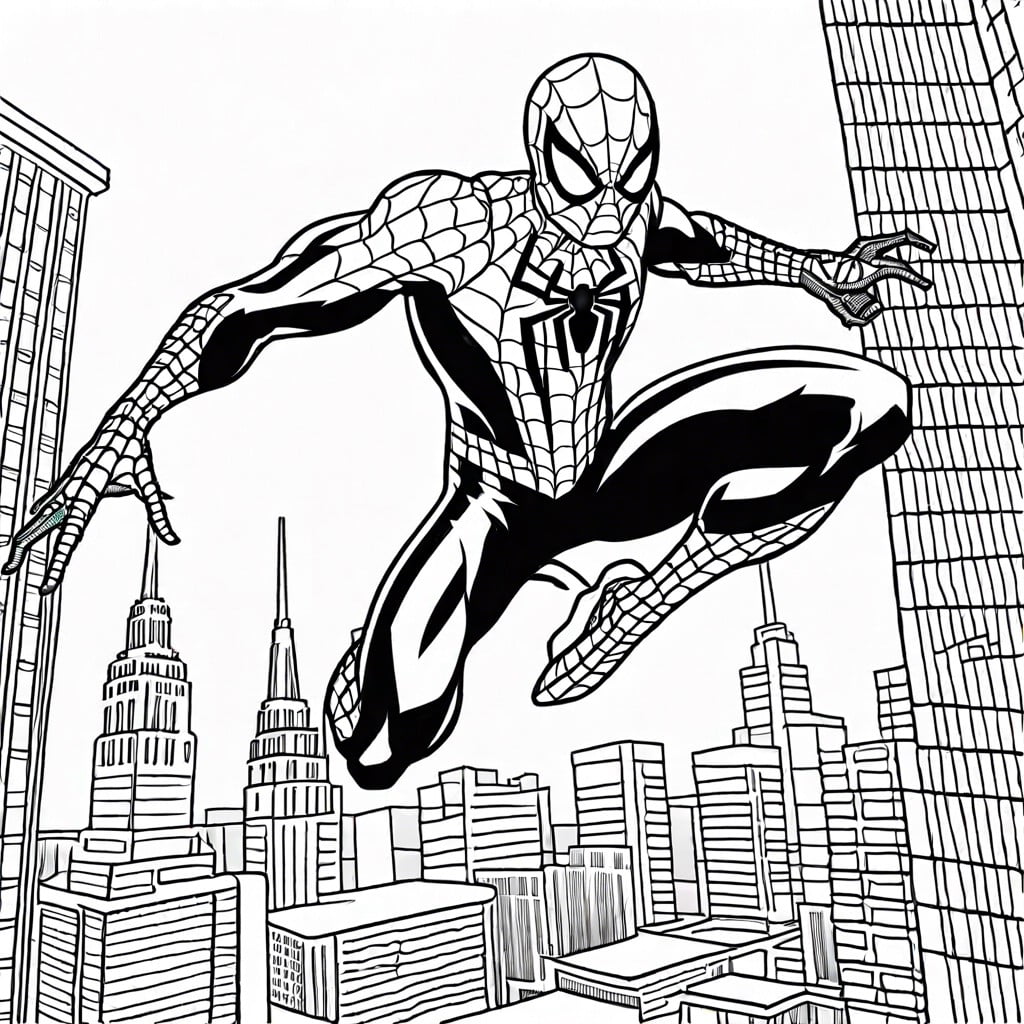 iron spiderman swinging through cityscape