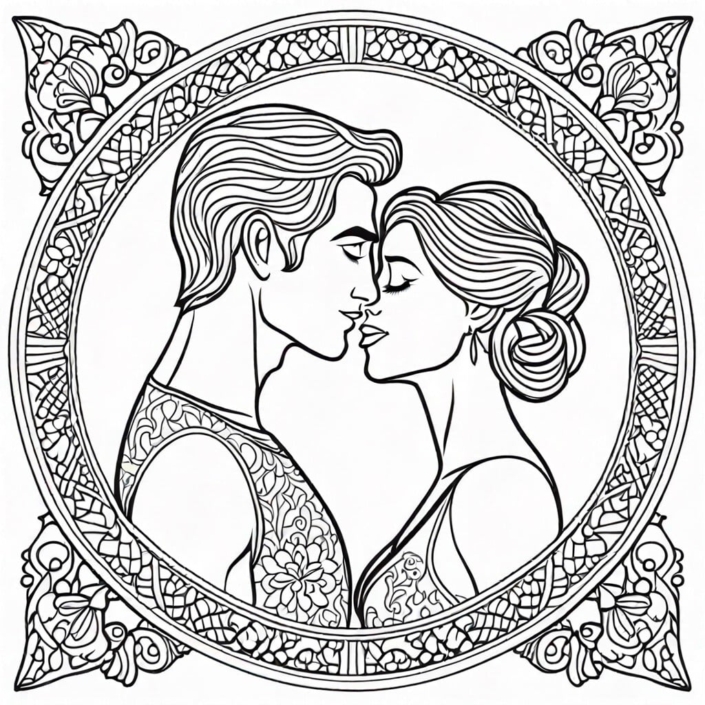 kissing silhouettes with intricate lace patterns