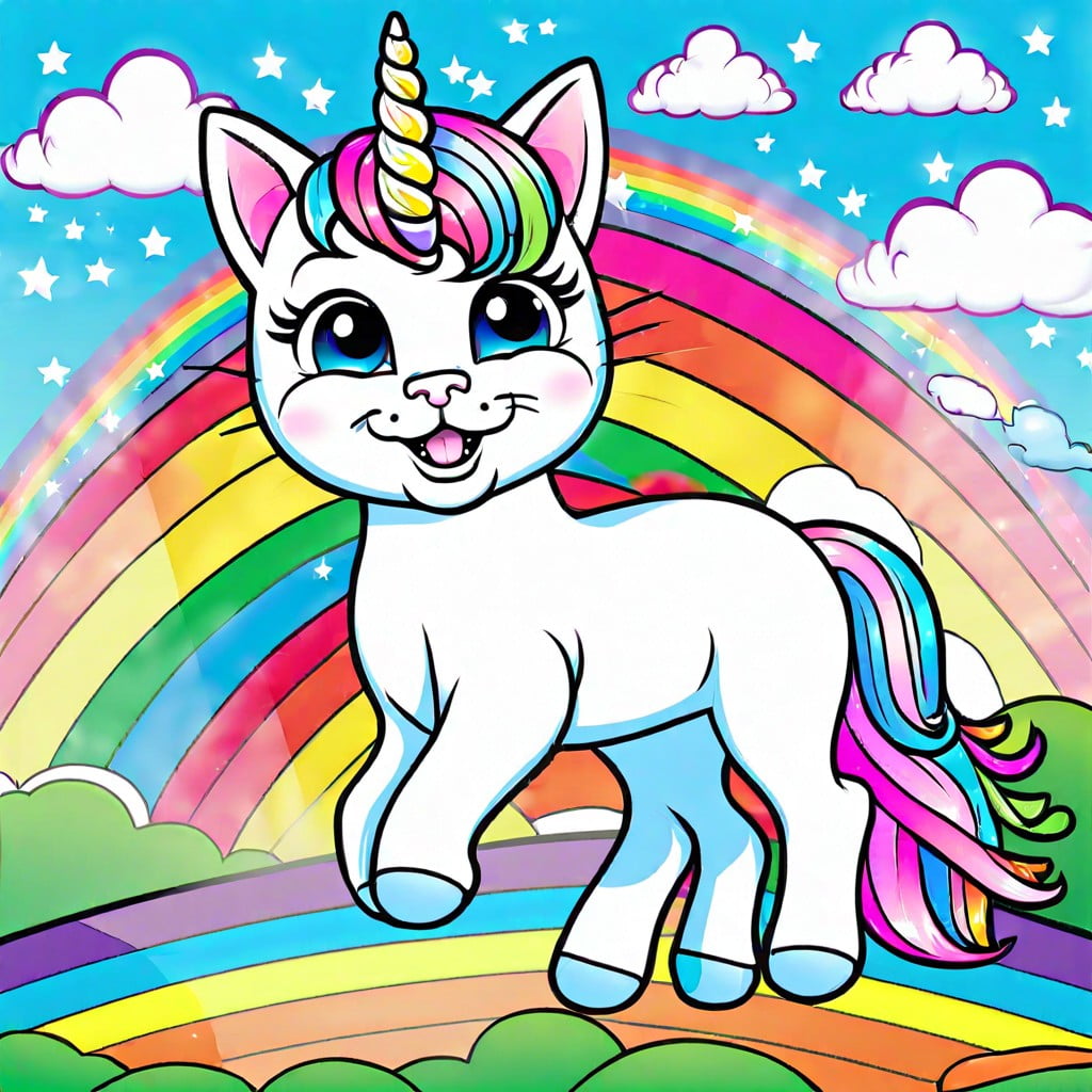 kitty unicorn flying over a rainbow