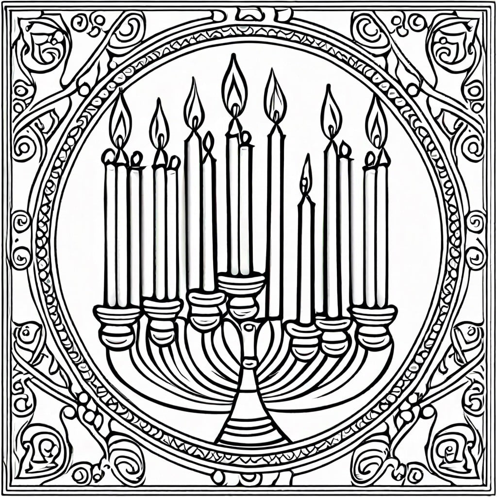 menorahs surrounded by festive patterns and intricate borders