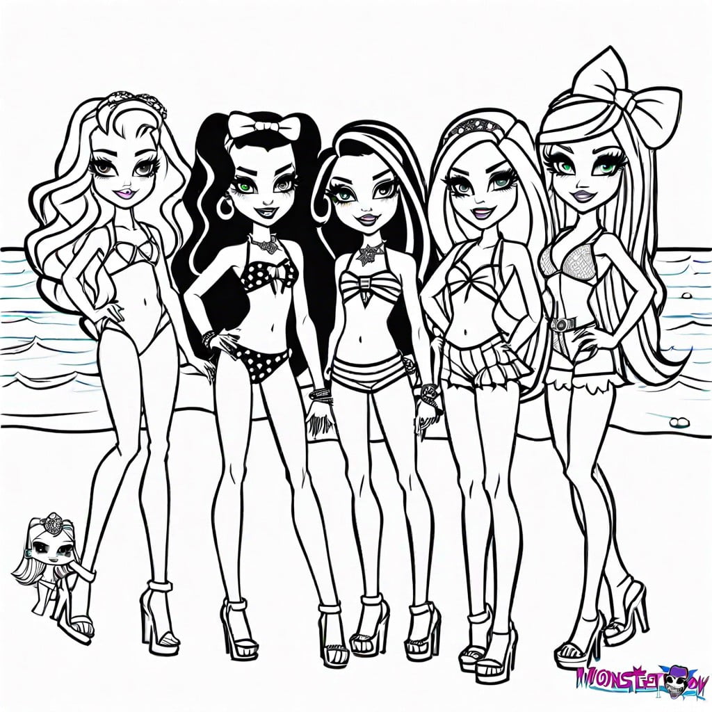 monster high beach day with all characters in swimsuits