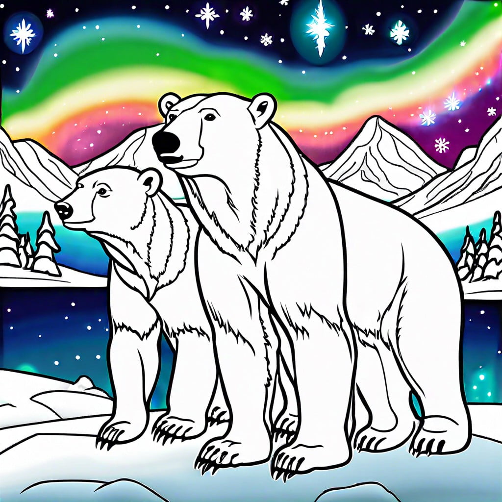 polar bear family under the northern lights