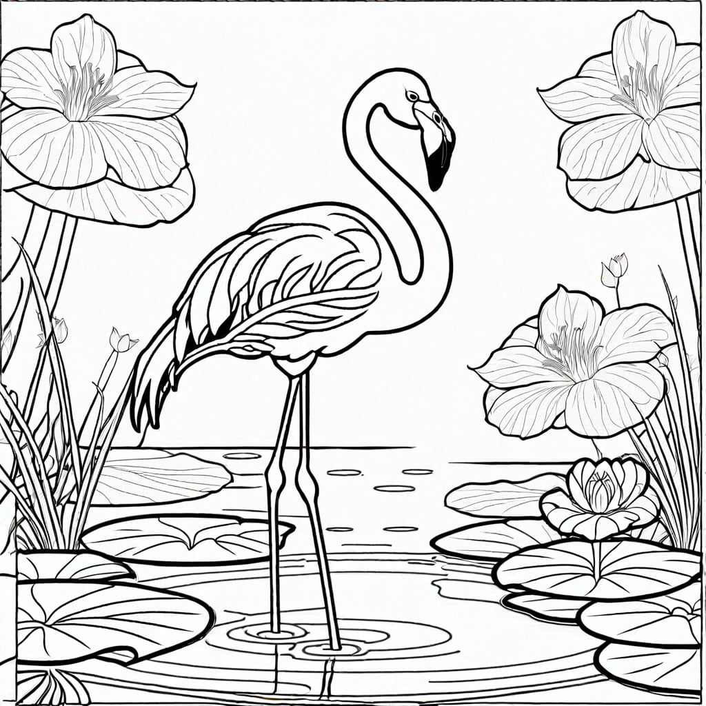 relaxing flamingo by a tropical water lily pond