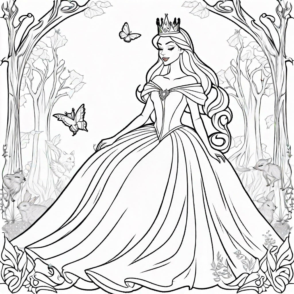 sleeping beauty in her royal gown surrounded by magical forest creatures