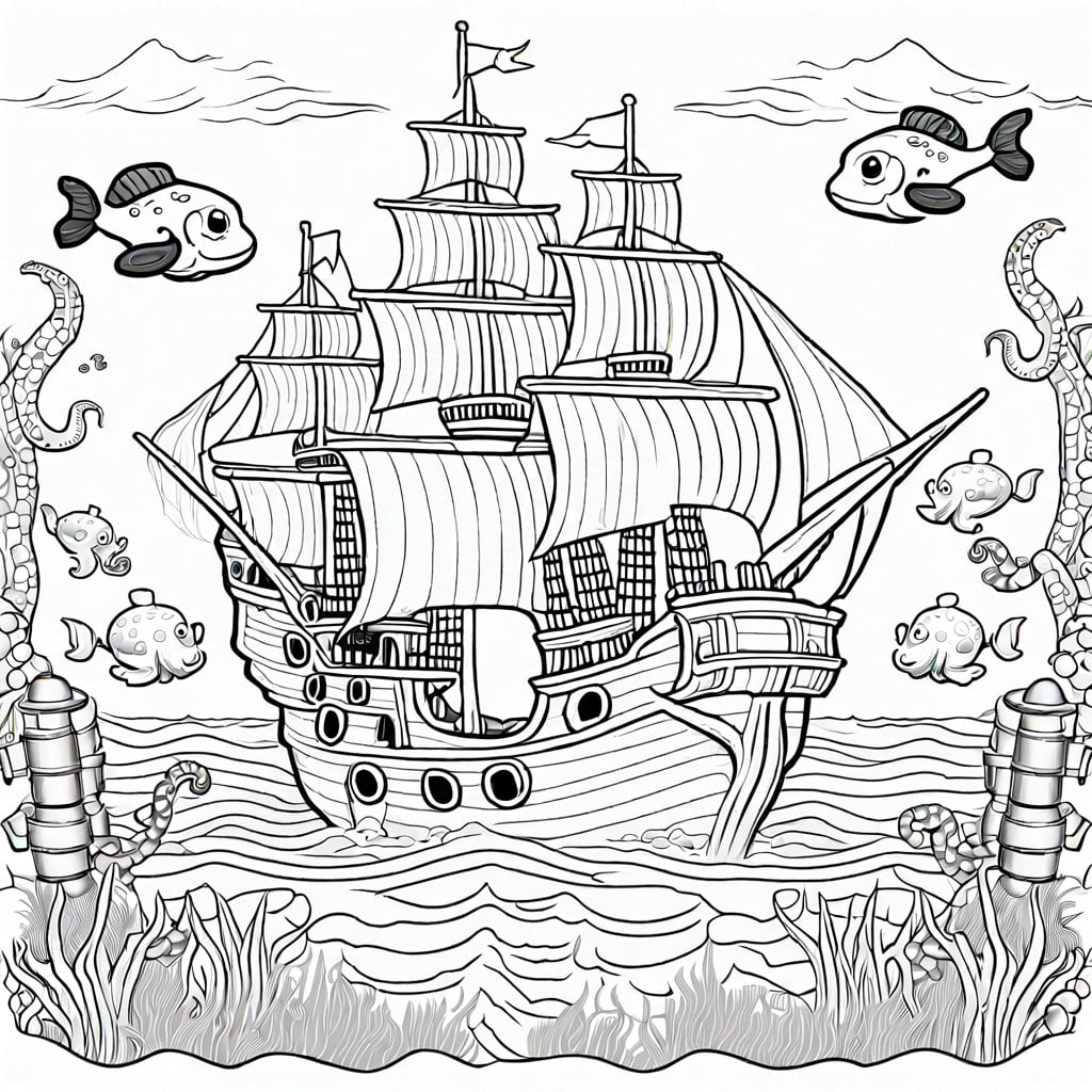 sunken pirate ship surrounded by treasure chests and curious octopuses