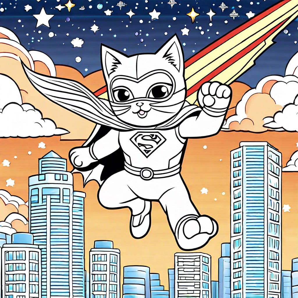 super kitty flying over a cityscape