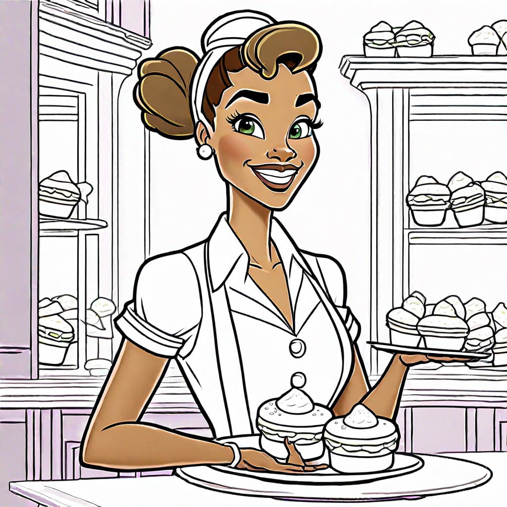 tiana in her iconic waitress outfit serving beignets