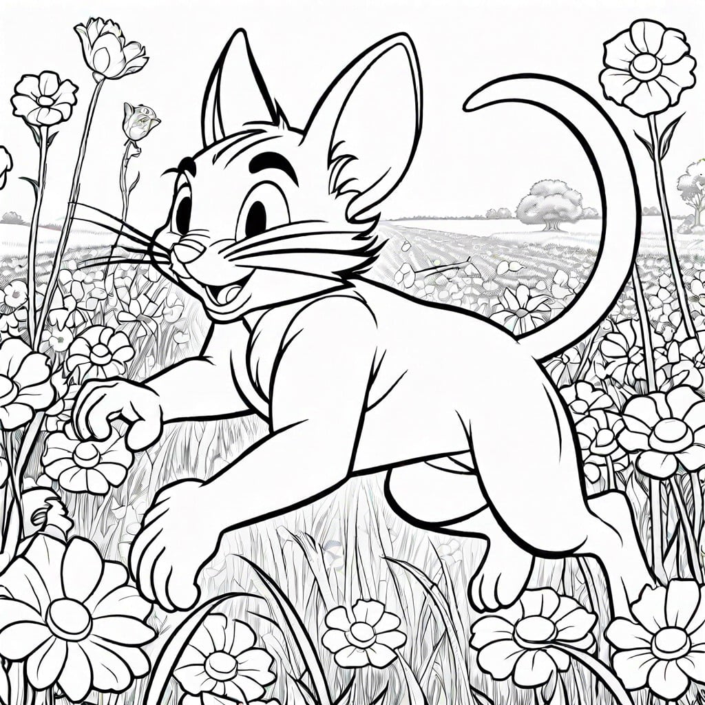 tom chasing jerry in a field of flowers