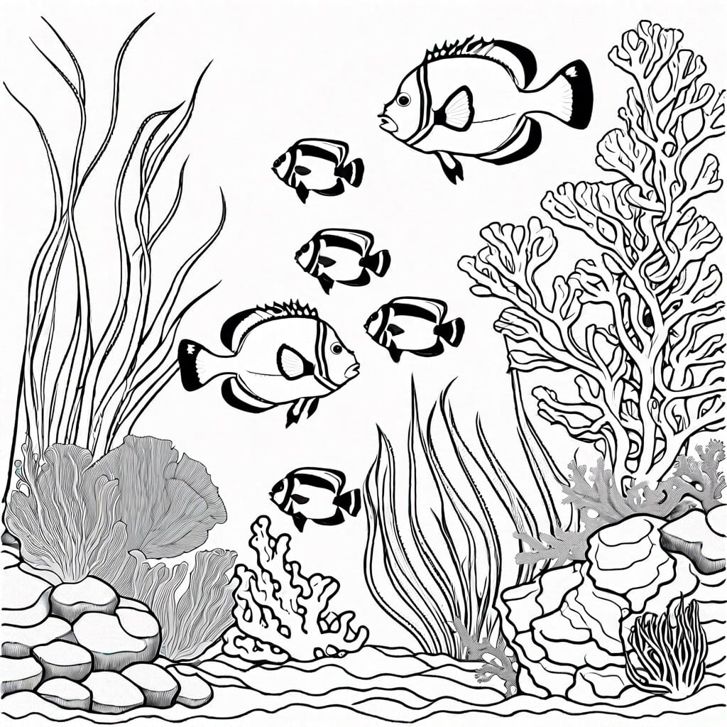 underwater coral reef scene with diverse fish species